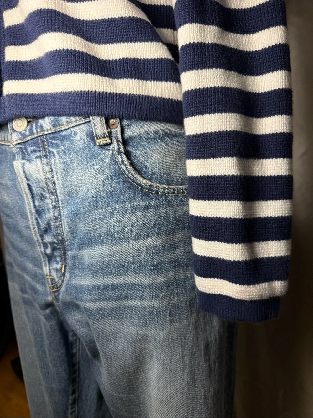 I Crew Navy and White Nautical Striped Crewneck Button Cardigan Sweater